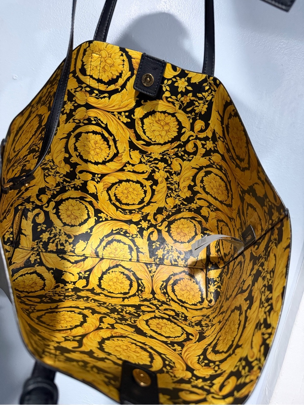 Versace Black Leather Tote Bag with Signature Yellow Print Lining - Picture 3 of 5